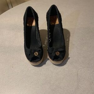 Tory Burch Black Fabric Platform Wedge Espadrilles sz 8.5 B